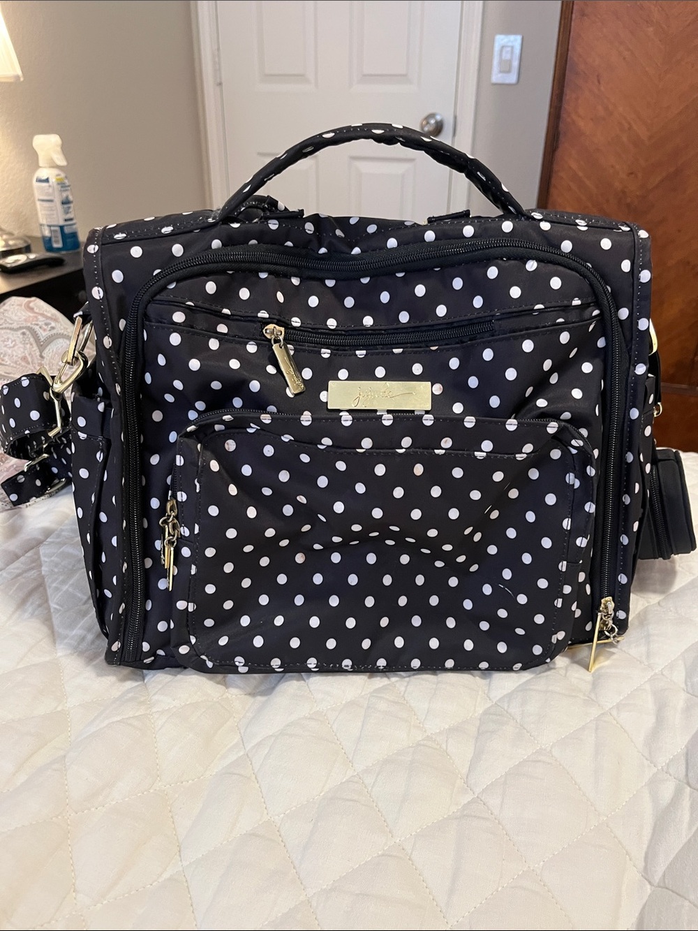JuJuBe BFF Duchess - Polka Dot Black Baby Diaper Bag with Gold Accents